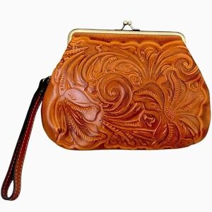 Patricia Nash Savena Tooled Leather Wristlet Clutch Purse Tan Floral Kiss Lock